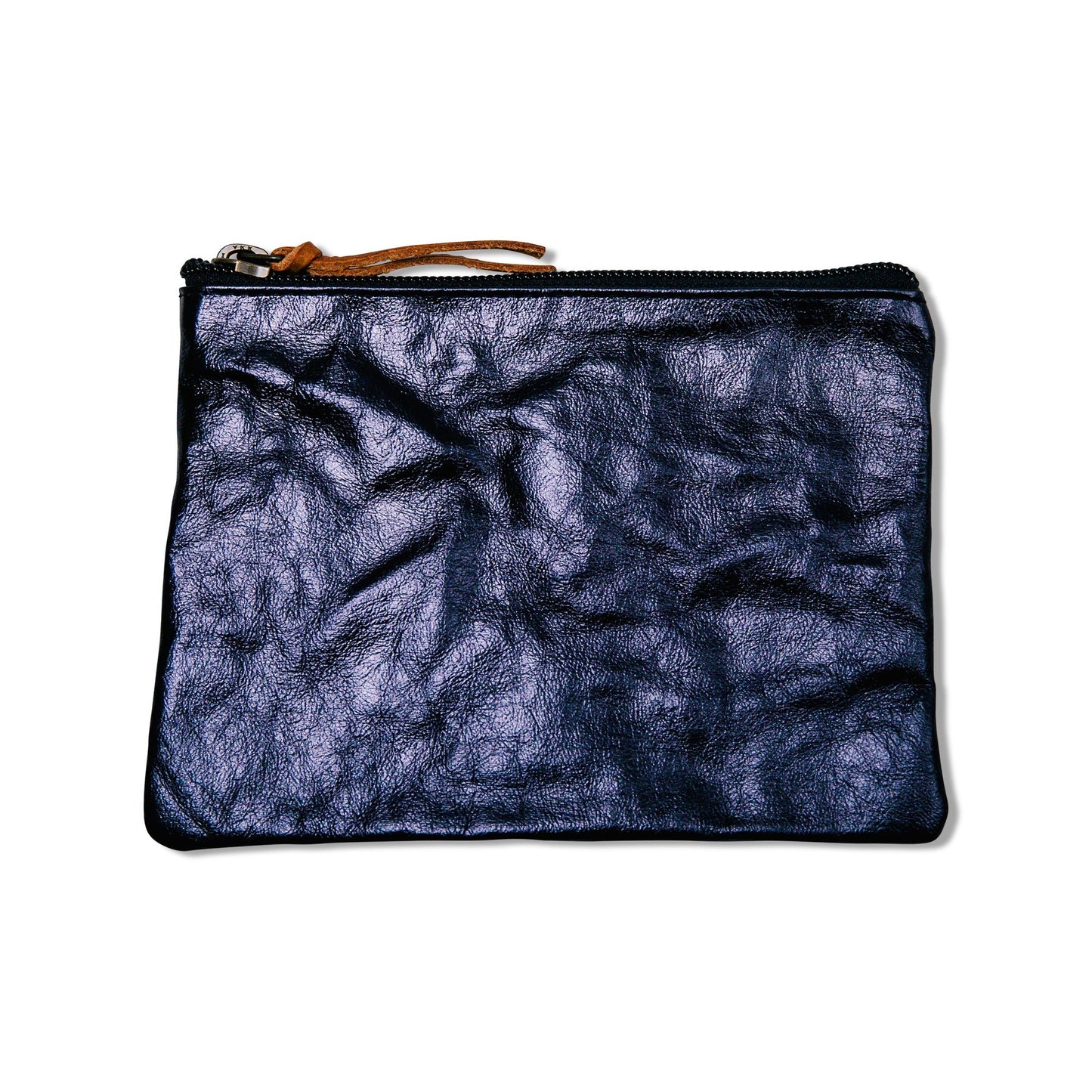 A washable paper pouch is shown from the front in metallic blue, featuring a brown zip toggle.