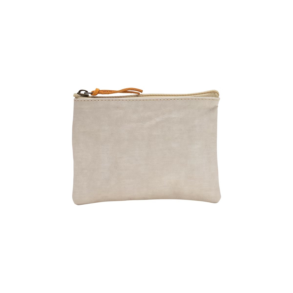 A washable paper pouch is shown from the front in beige, featuring a brown zip toggle.