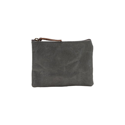 A washable paper pouch is shown from the front in dark grey, featuring a brown zip toggle.