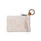 A cream washable paper small pouch is shown with a keyring attachment and zip closure.