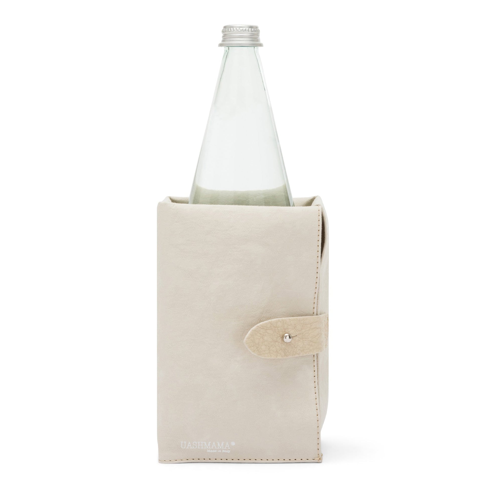A cream washable paper cooler is shown with a washable paper side tab with silver stud. It contains a glass water bottle.