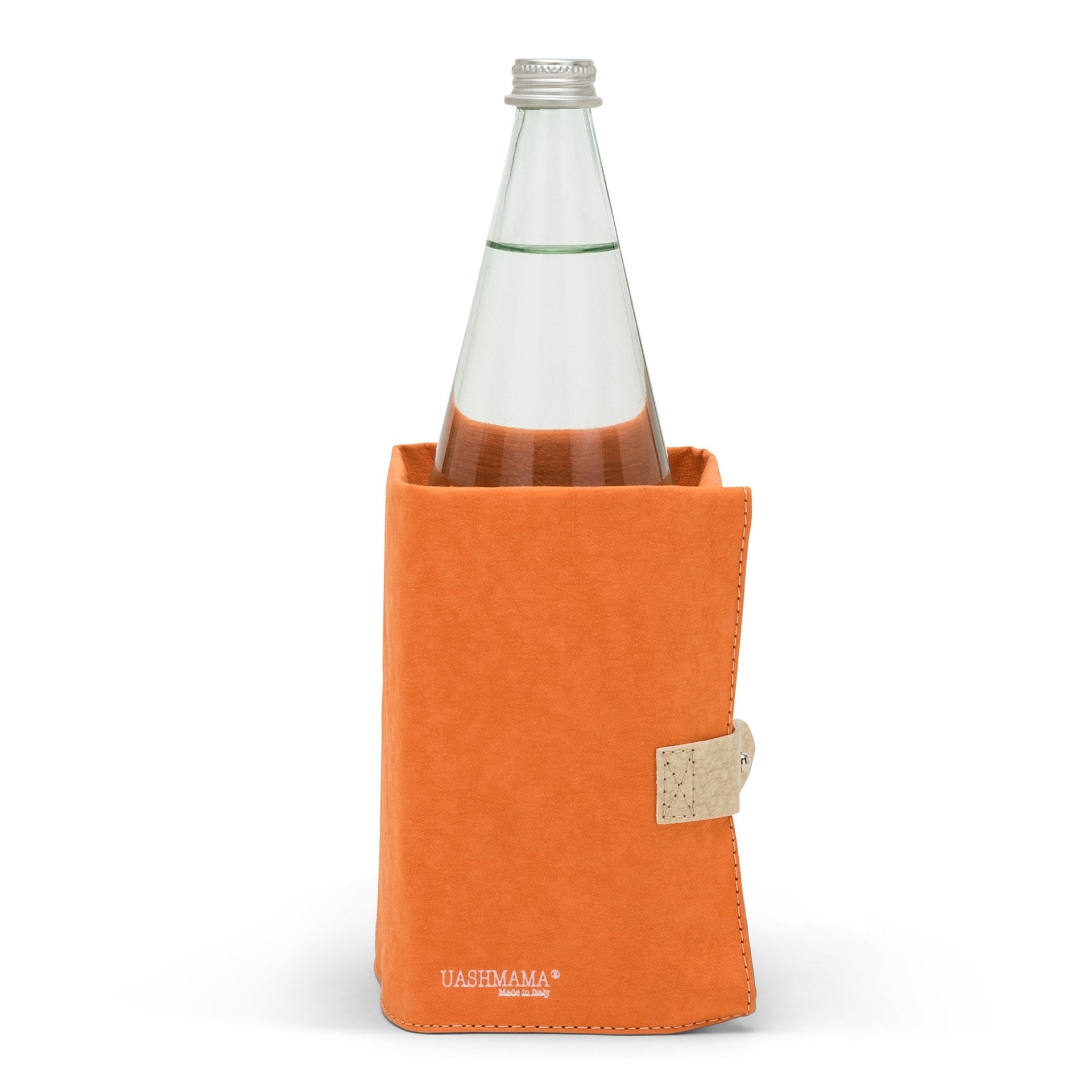 An orange washable paper cooler is shown with a washable paper side tab with silver stud. It contains a glass water bottle.