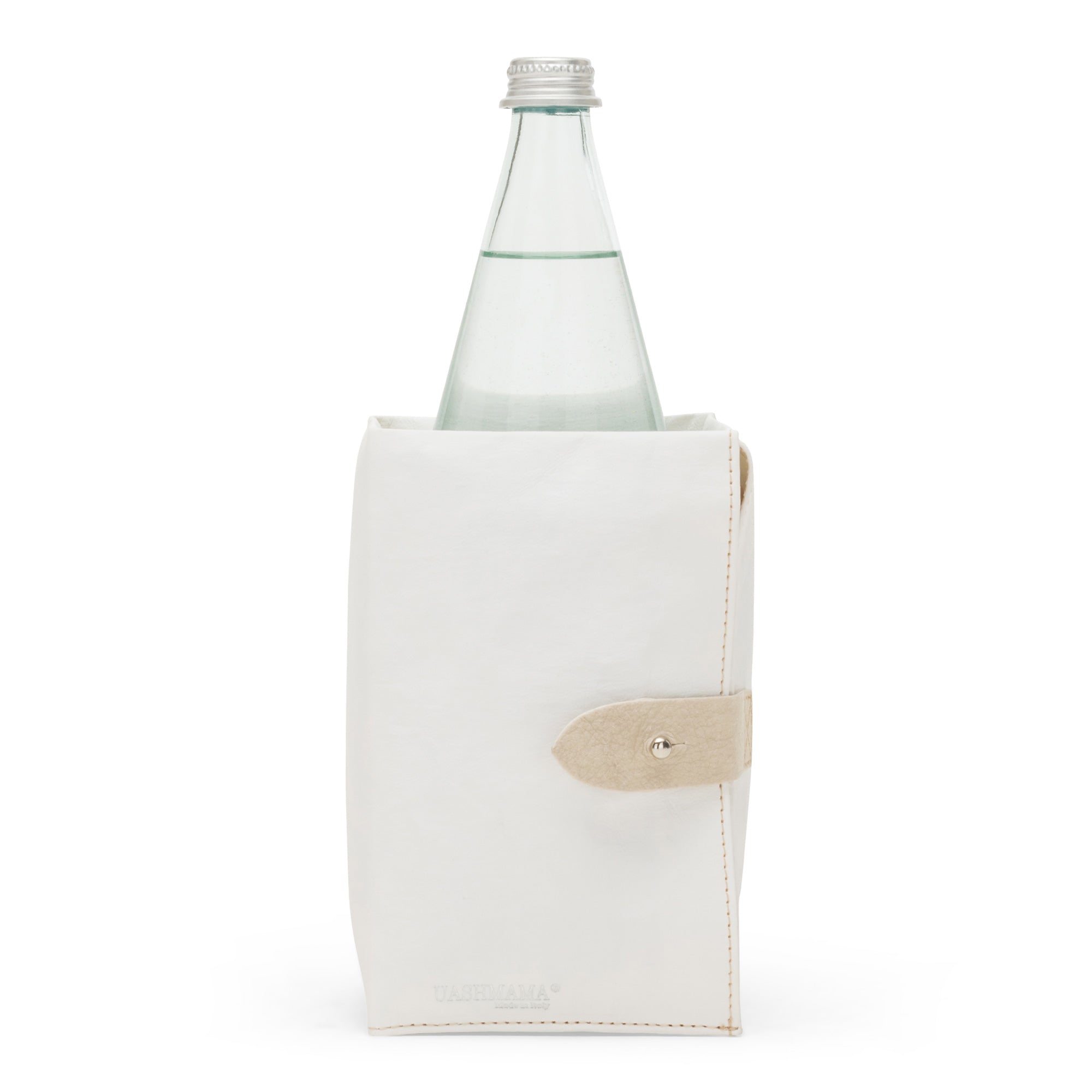 A white washable paper cooler is shown with a washable paper side tab with silver stud. It contains a glass water bottle.