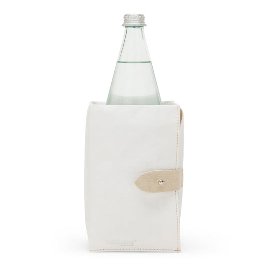 A white washable paper cooler is shown with a washable paper side tab with silver stud. It contains a glass water bottle.