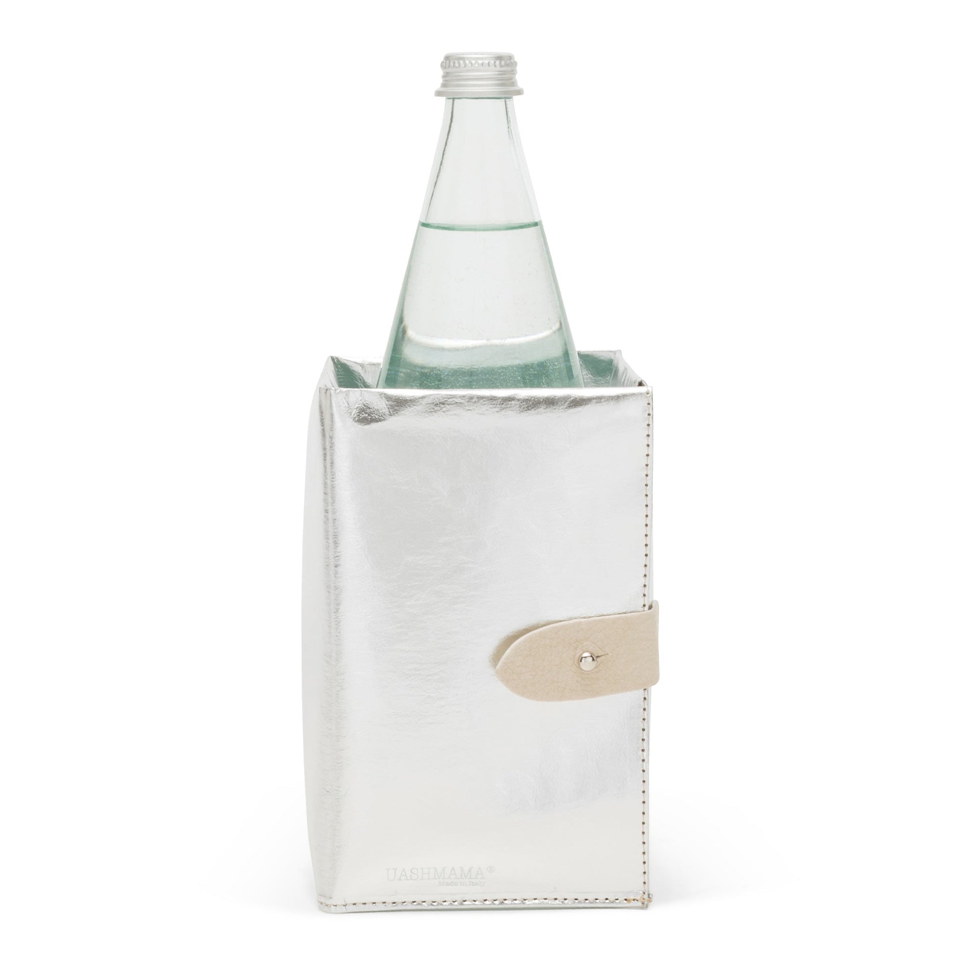 A silver metallic washable paper cooler is shown with a washable paper side tab with silver stud. It contains a glass water bottle.