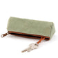 A sage green washable paper key holder is shown on its side, unzipped. A keyring attachment is shown on a washable paper loop from the inside.