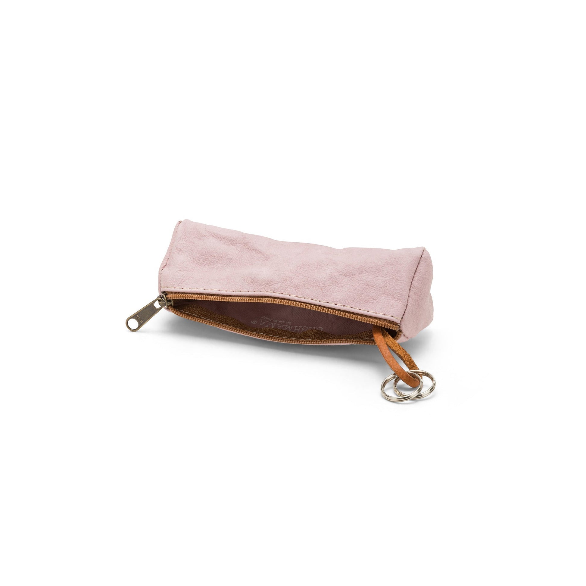 A dusky pink washable paper key holder is shown on its side, unzipped. A keyring attachment is shown on a washable paper loop from the inside.