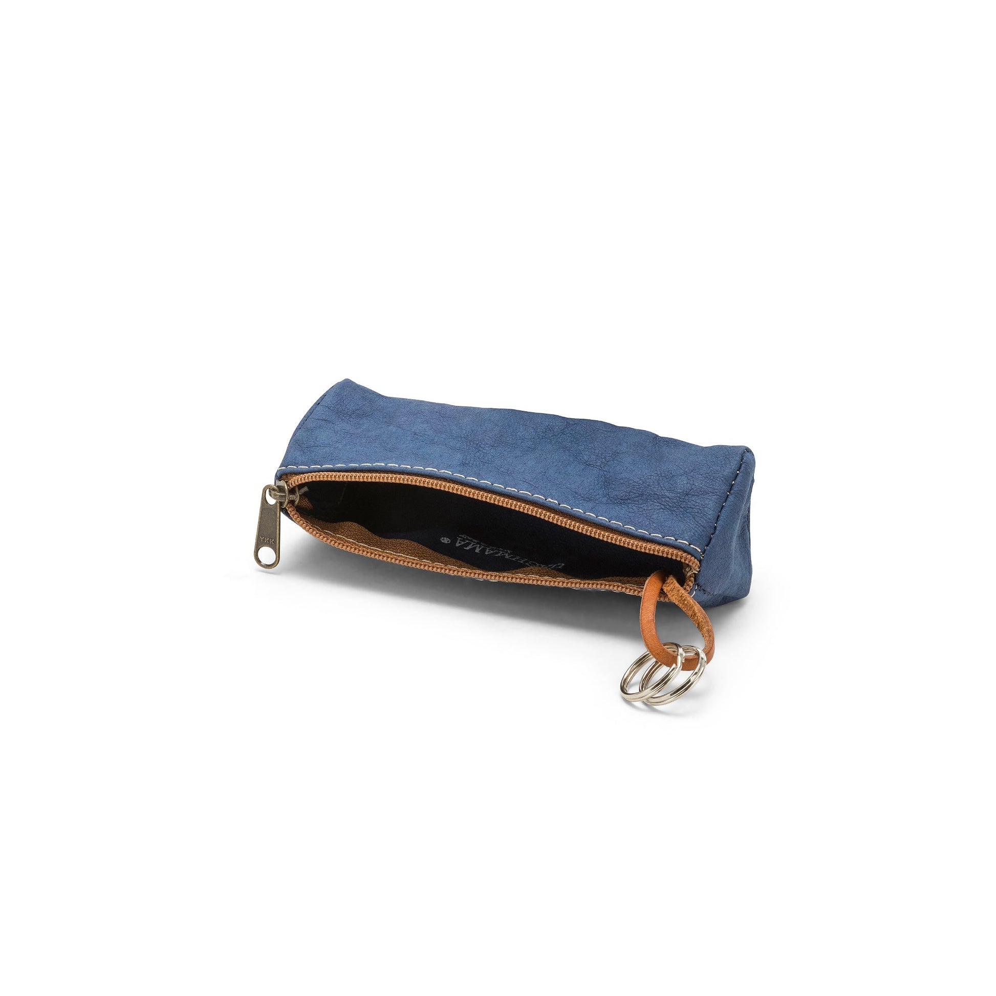 A blue washable paper key holder is shown on its side, unzipped. A keyring attachment is shown on a washable paper loop from the inside.