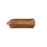 A brown washable paper woven key holder is shown from the top angle, zipped shut.