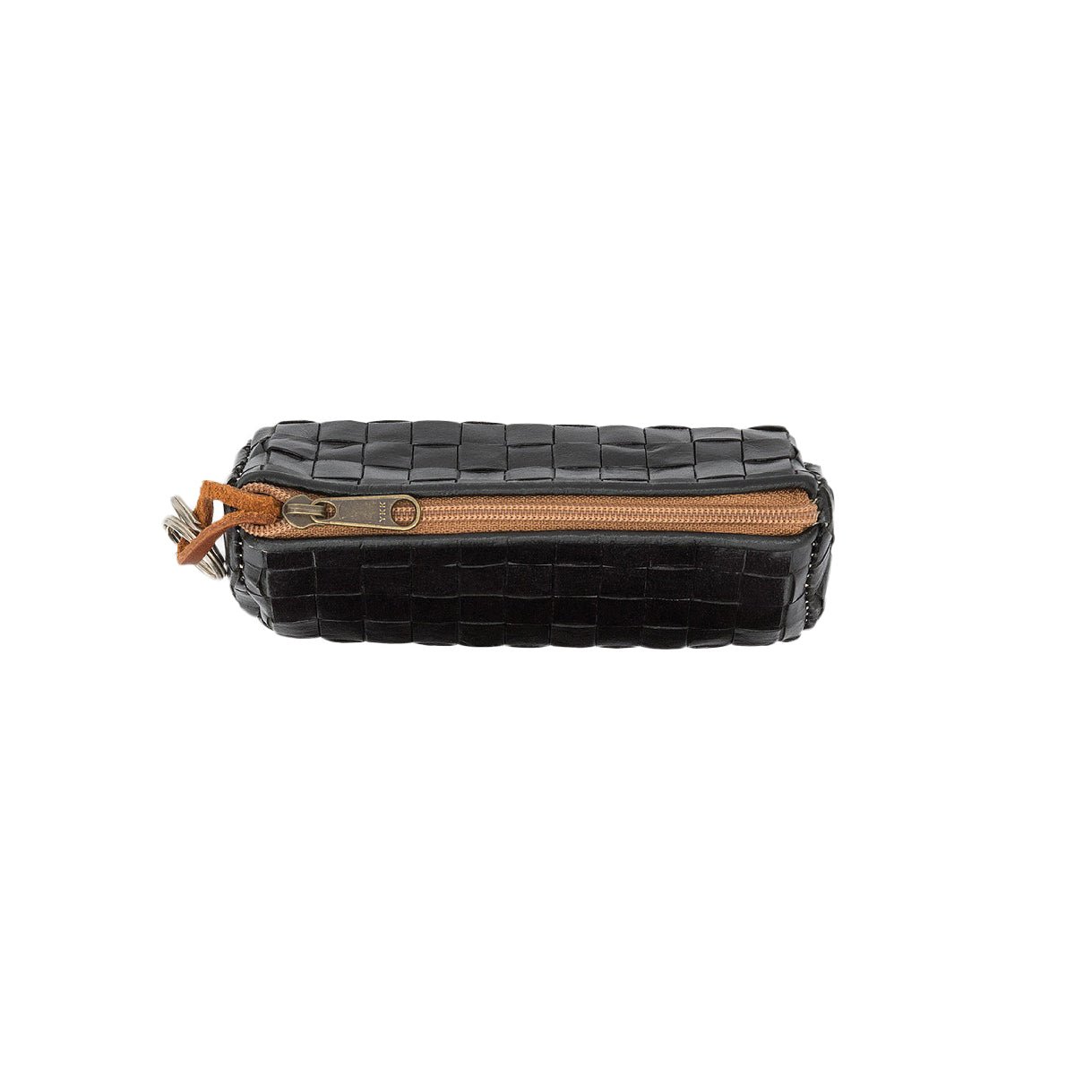 A black washable paper woven key holder is shown from the top angle, zipped shut. 