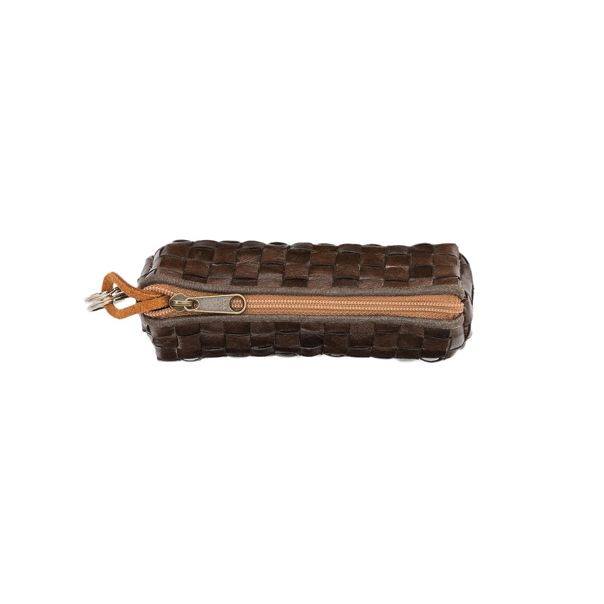 A chocolate brown washable paper woven key holder is shown from the top angle, zipped shut.