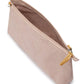 A washable paper bag in pale pink is shown with the strap removed, open and unzipped with a tan zip toggle.