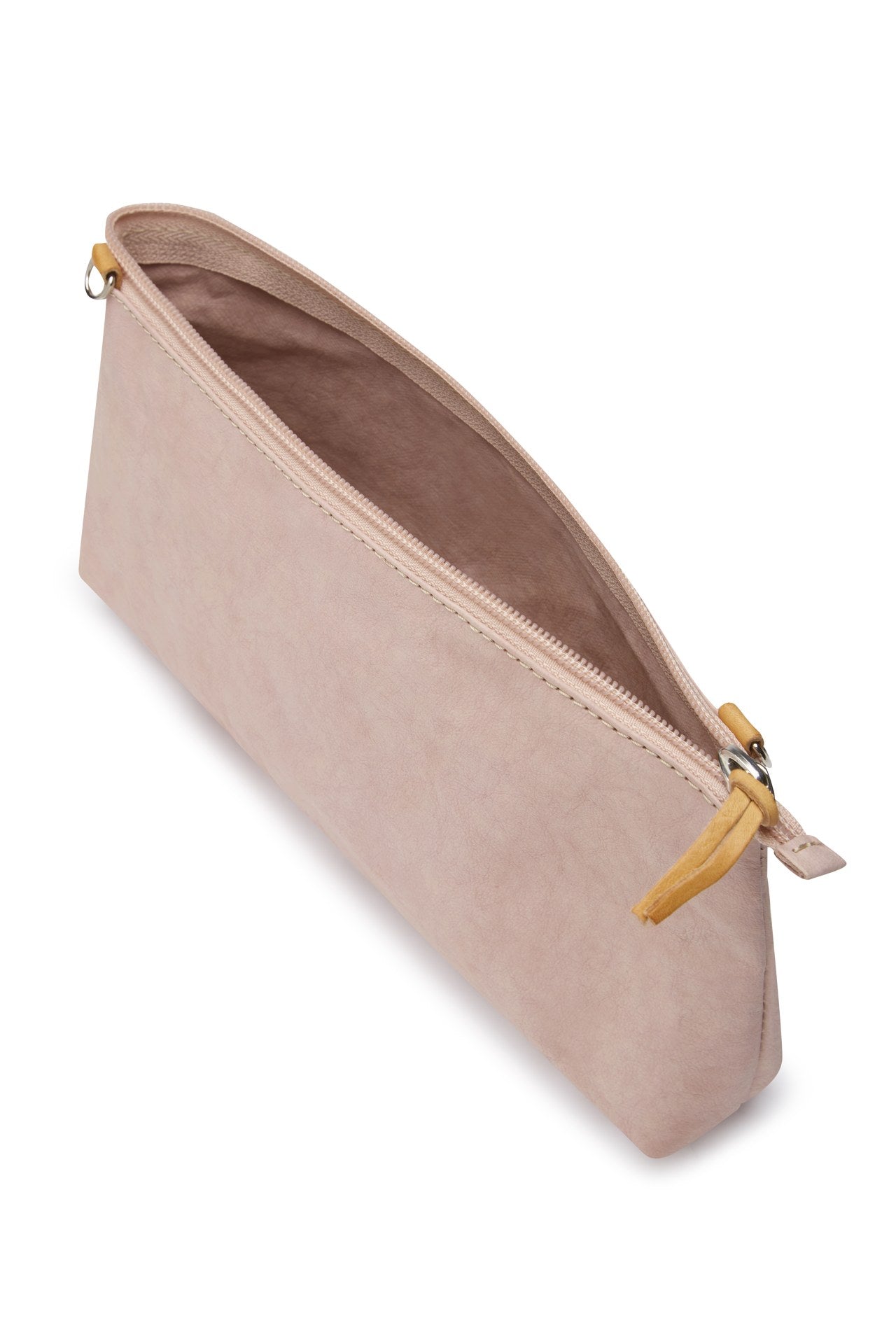 A washable paper bag in pale pink is shown with the strap removed, open and unzipped with a tan zip toggle.