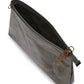 A washable paper bag in dark grey is shown with the strap removed, open and unzipped with a tan zip toggle.