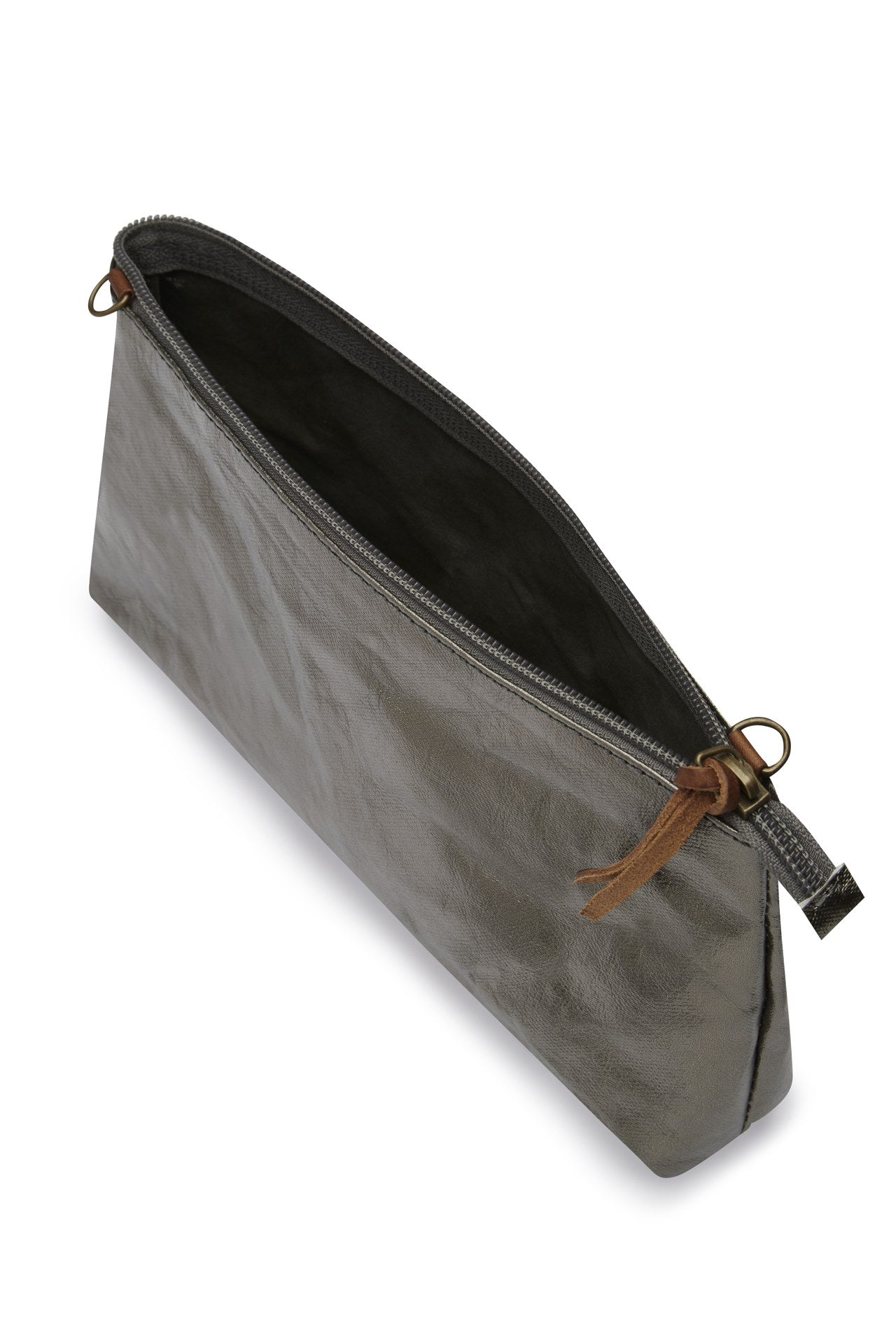 A washable paper bag in dark grey is shown with the strap removed, open and unzipped with a tan zip toggle.