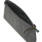 A washable paper bag in grey is shown with the strap removed, open and unzipped with a chocolate brown zip toggle.