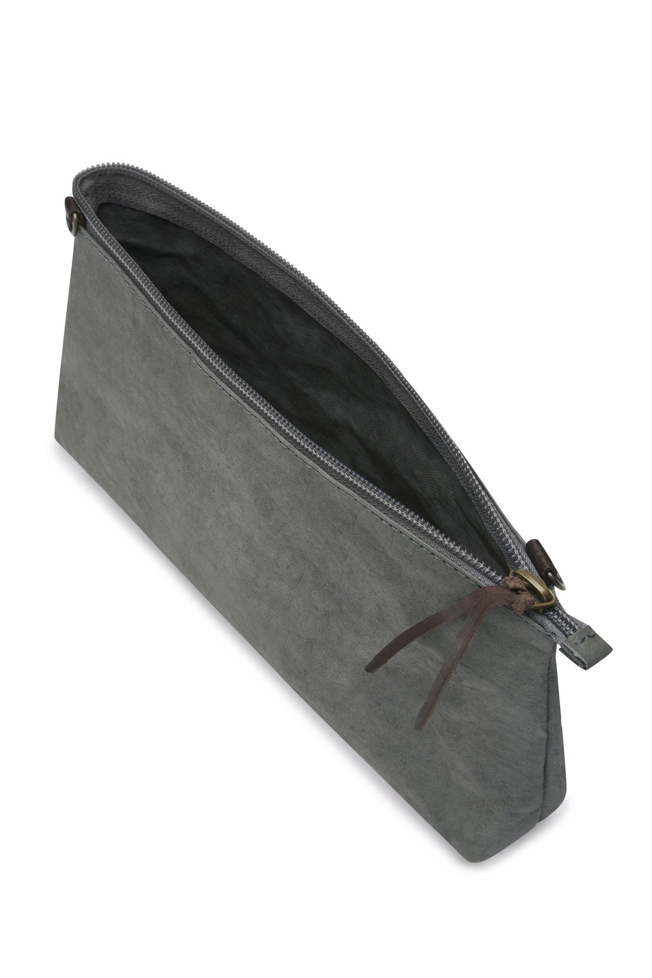 A washable paper bag in grey is shown with the strap removed, open and unzipped with a chocolate brown zip toggle.