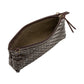 A woven chocolate brown pouch is shown open and unzipped, with the strap removed.