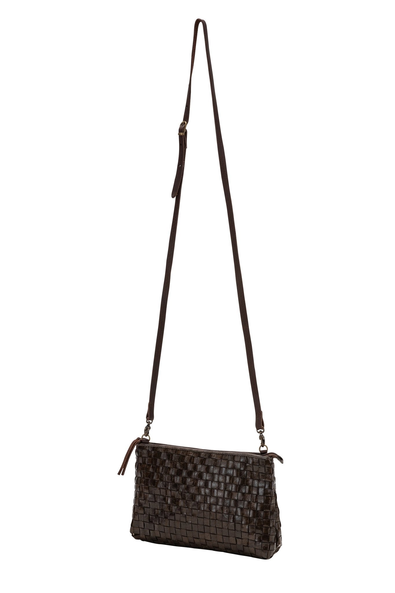 A chocolate brown woven washable paper small zip top handbag is shown with a long brown washable paper strap.