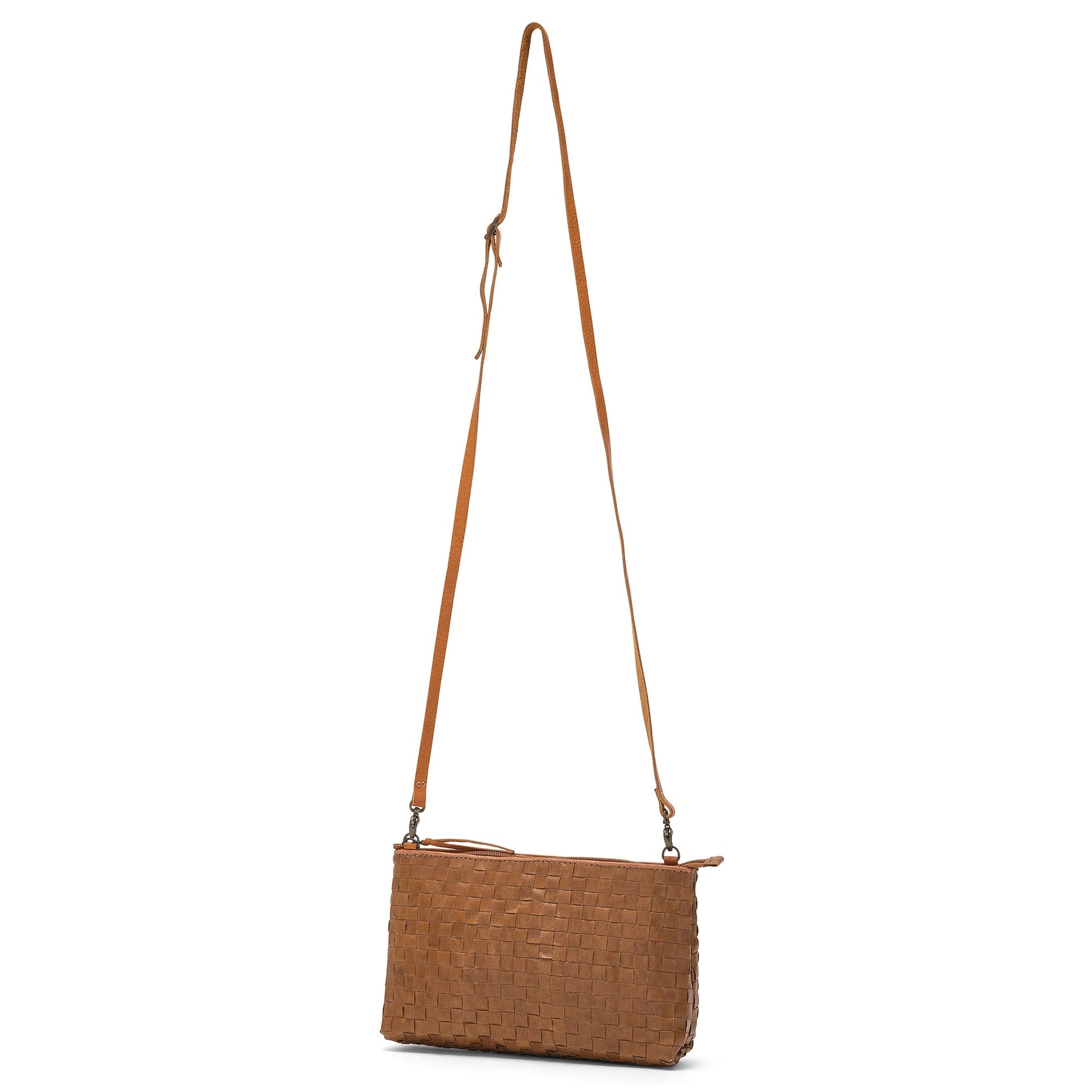 A brown woven washable paper small zip top handbag is shown with a long brown washable paper strap.