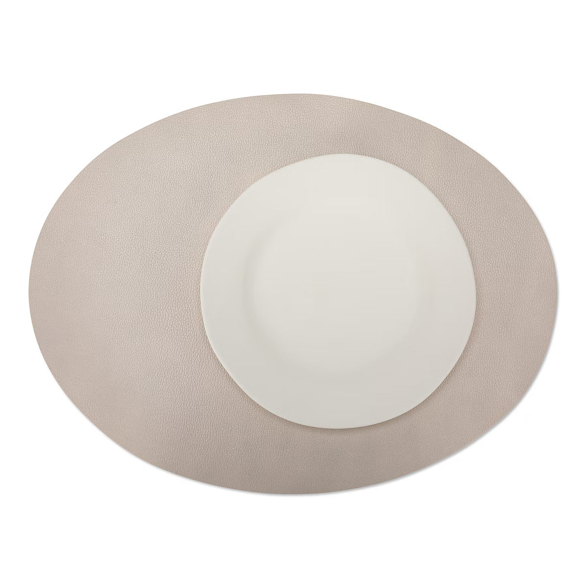 A large oval textured washable paper placemat in beige is shown under a white plate.