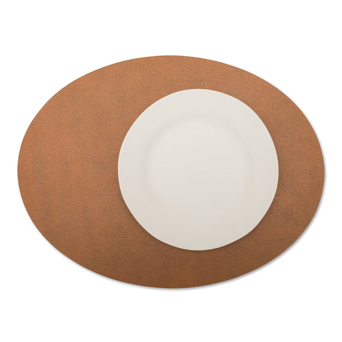 A large oval textured washable paper placemat in tan is shown under a white plate.