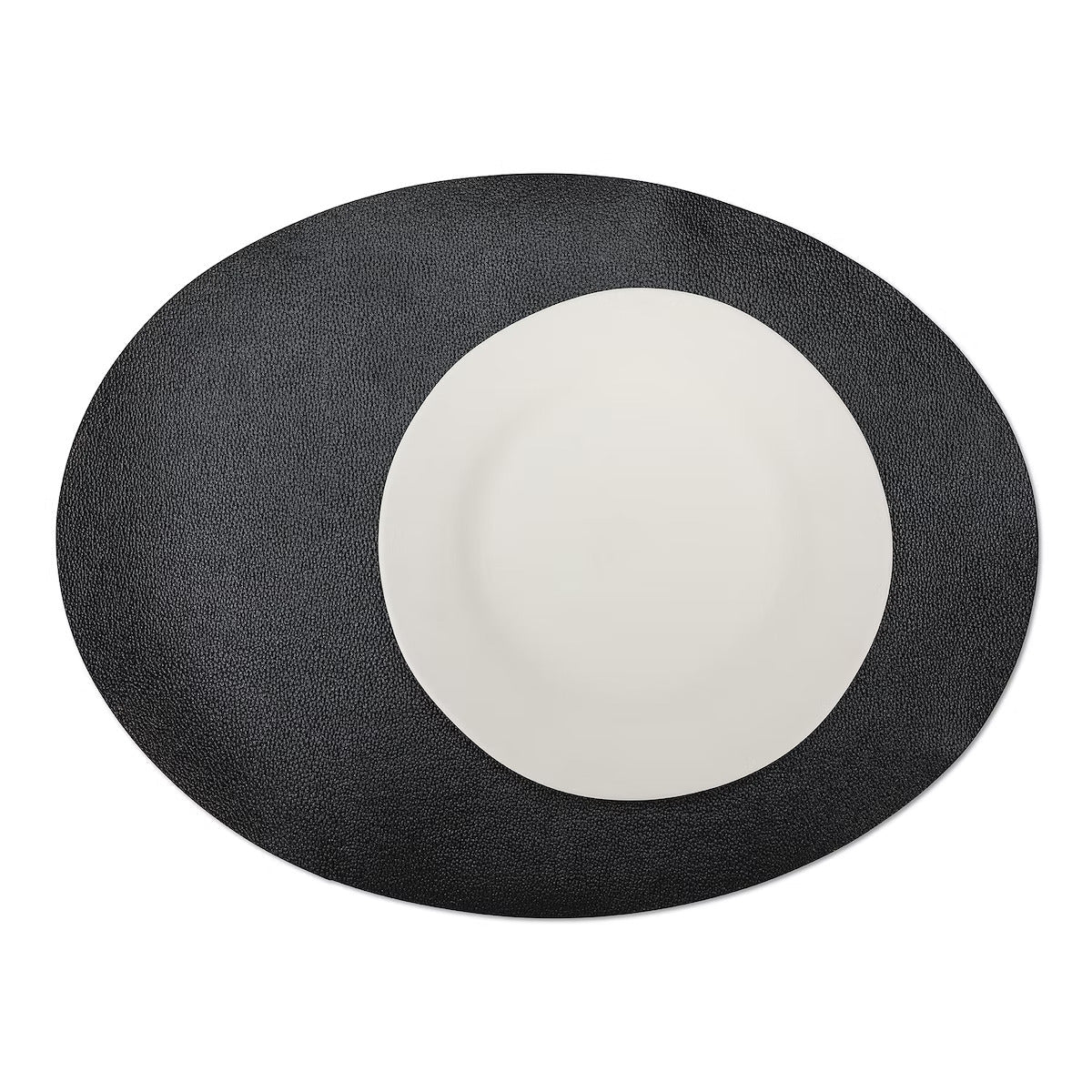 A large oval textured washable paper placemat in black is shown under a white plate.