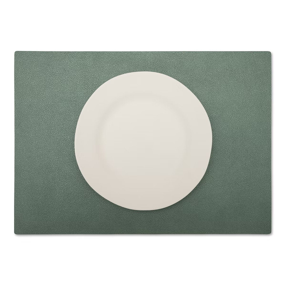 A large rectangular textured washable paper placemat in green is shown under a white plate.