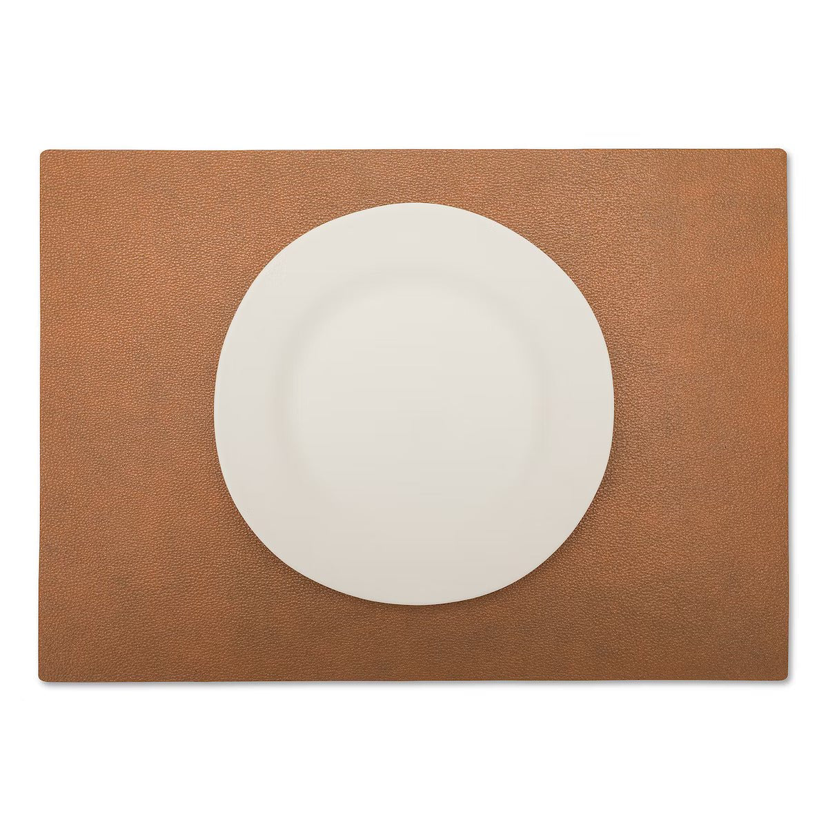 A large rectangular textured washable paper placemat in tan is shown under a white plate.