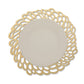 A lace effect washable paper circular placemat is shown in gold, under a white plate.