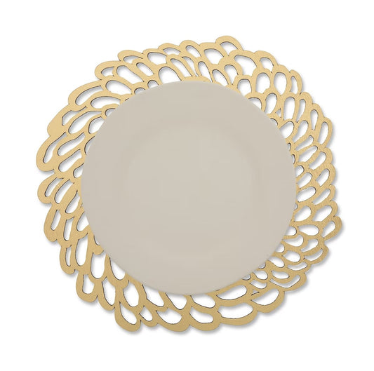 A lace effect washable paper circular placemat is shown in gold, under a white plate.