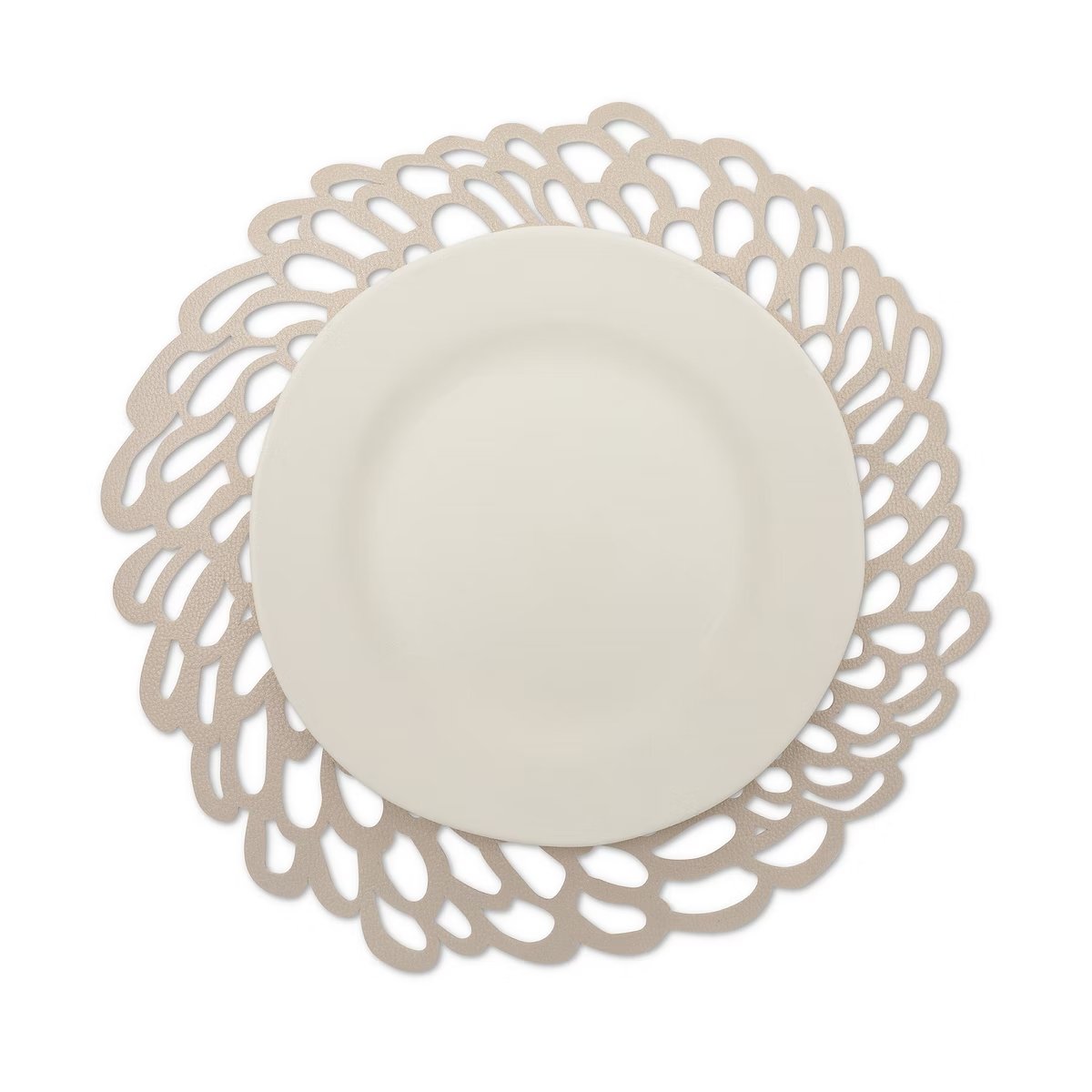 A lace effect washable paper circular placemat is shown in beige, under a white plate.