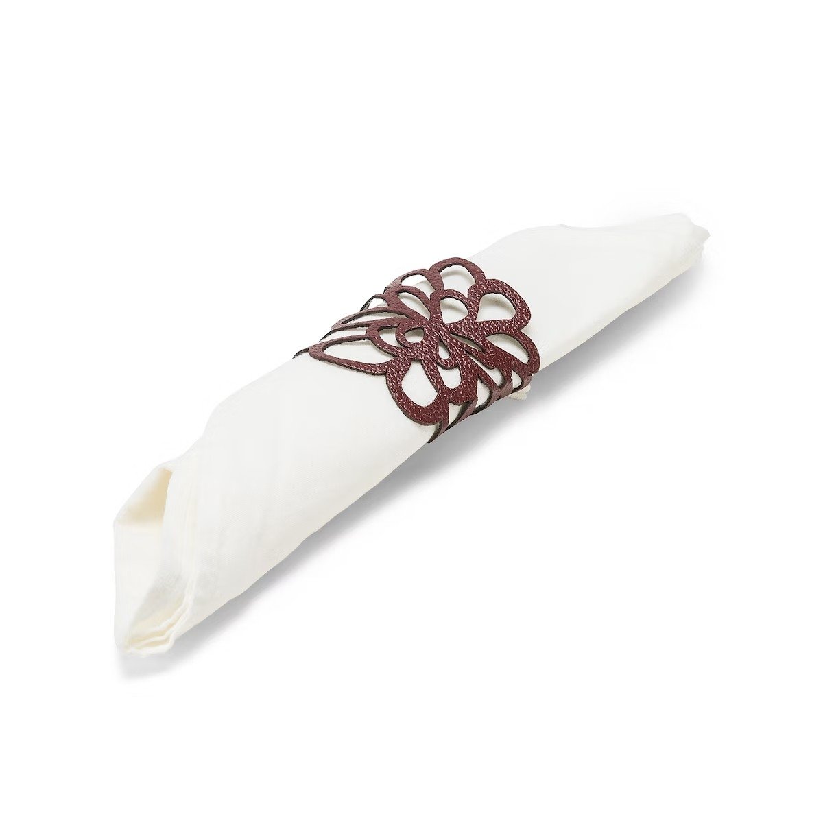 A lace effect washable paper napkin holder is shown in brown, around a white napkin.