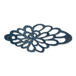 A lace effect washable paper napkin holder is shown in blue, unfurled to display the metallic popper closure.