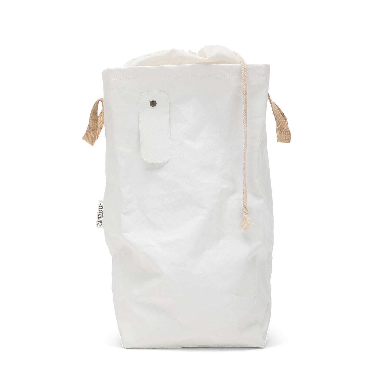 A washable paper laundry bag is shown in white. It features two side handles, a popper tab, and an interior drawstring lining.