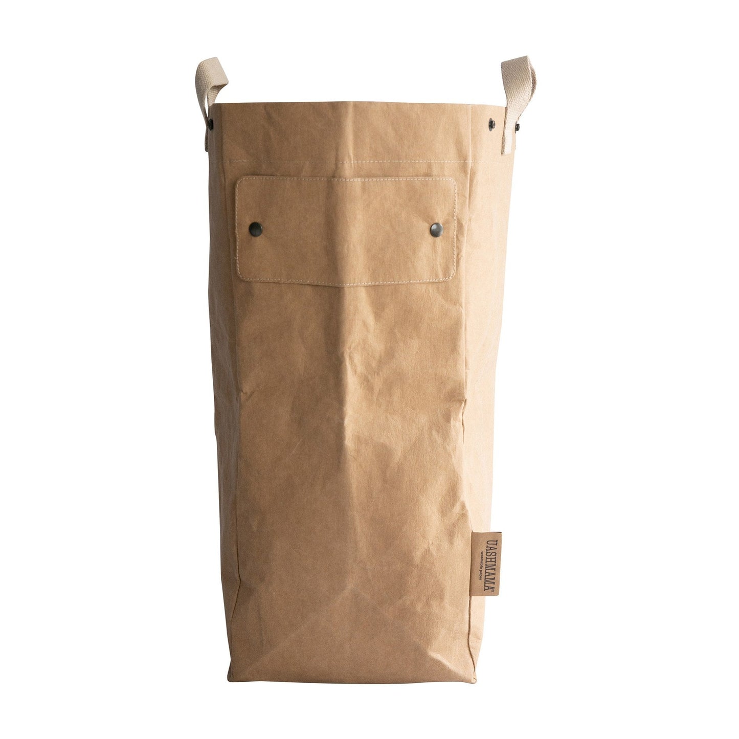 A tan coloured washable paper laundry bag is shown from the side, with two top handles and a UASHMAMA logo tab at the bottom right.