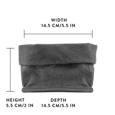 A dark grey washable paper roll-top tray is shown with graphics displaying the size - 14.5cm wide x 5.5cm tall x 14.5cm deep.