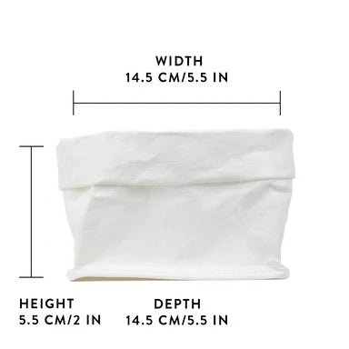 A white washable paper roll-top tray is shown with graphics displaying the size - 14.5cm wide x 5.5cm tall x 14.5cm deep.