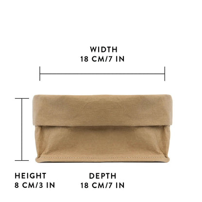 A roll-top washable paper tray is shown in tan from a side angle, with a graphic displaying its size - 18cm wide x 8cm tall x 18cm deep.