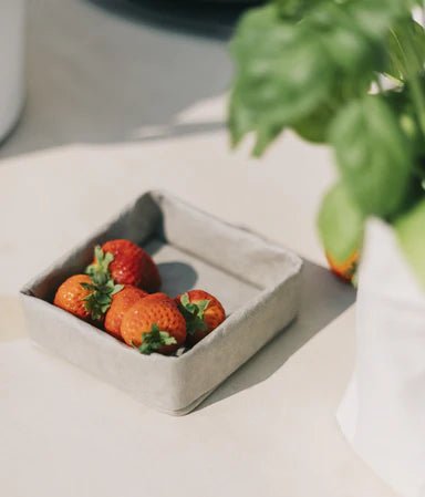 A washable paper tray in grey is shown containing strawberries.