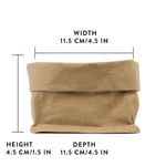 A washable paper roll-top tray is shown in tan, with graphics displaying its size - 11.5cm wide x 4.5 cm high x 11.5cm deep.