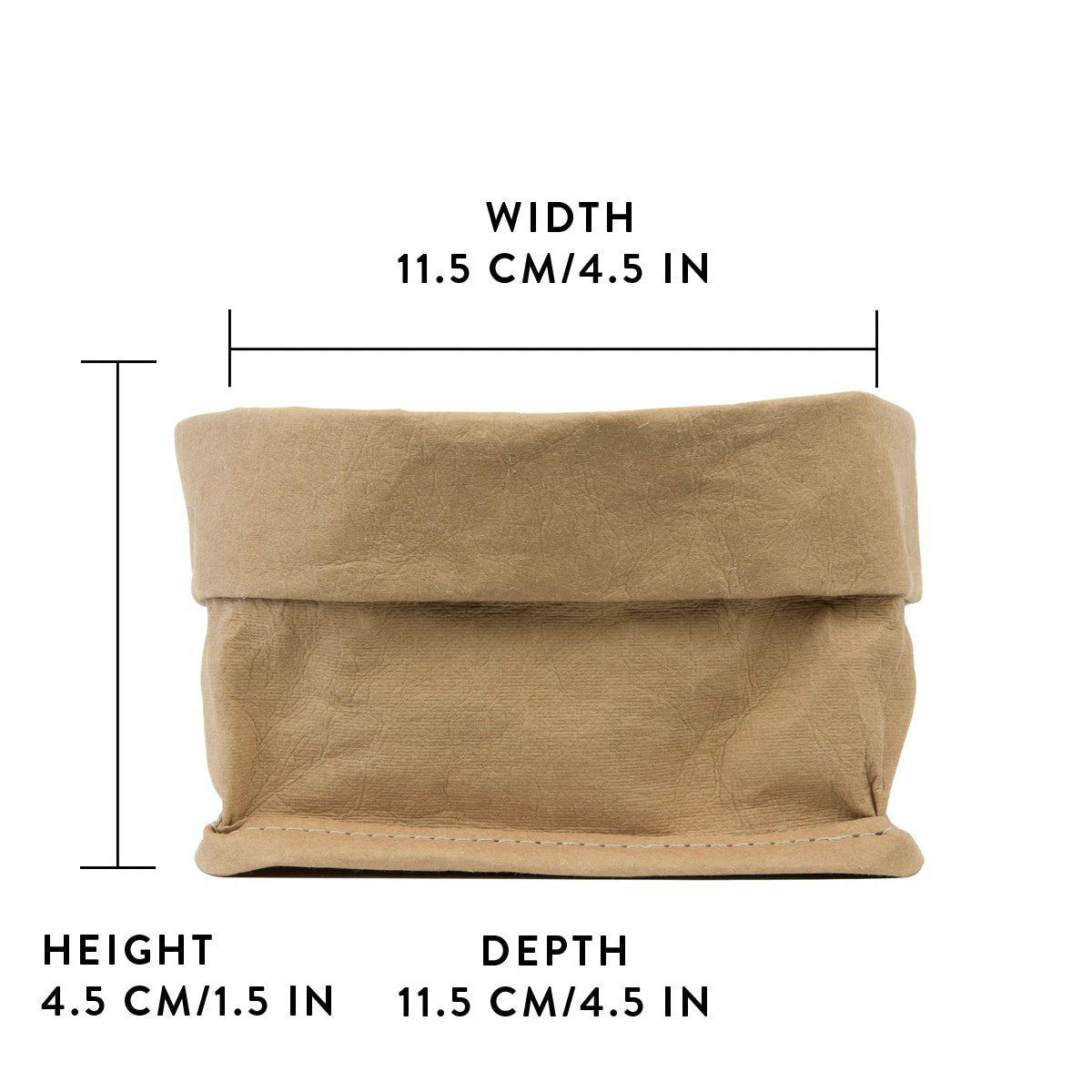 A washable paper roll-top tray is shown in tan, with graphics displaying its size - 11.5cm wide x 4.5 cm high x 11.5cm deep.