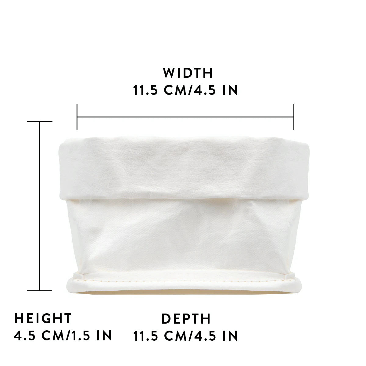 A washable paper roll-top tray is shown in white, with graphics displaying its size - 11.5cm wide x 4.5 cm high x 11.5cm deep.