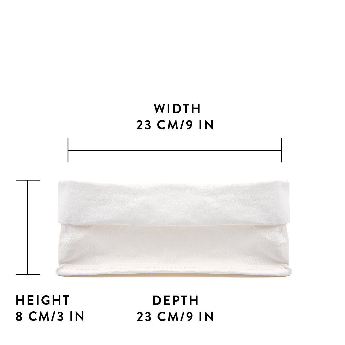 A washable paper tray with a roll top is shown in white, with graphics detailing its size - 23cm wide x 8cm high x 23cm deep.