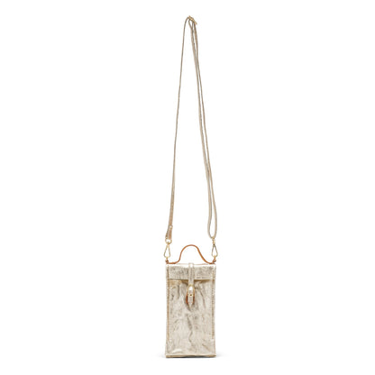 A washable paper phone pouch is shown from the front in metallic gold with a long strap and a brown top handle.