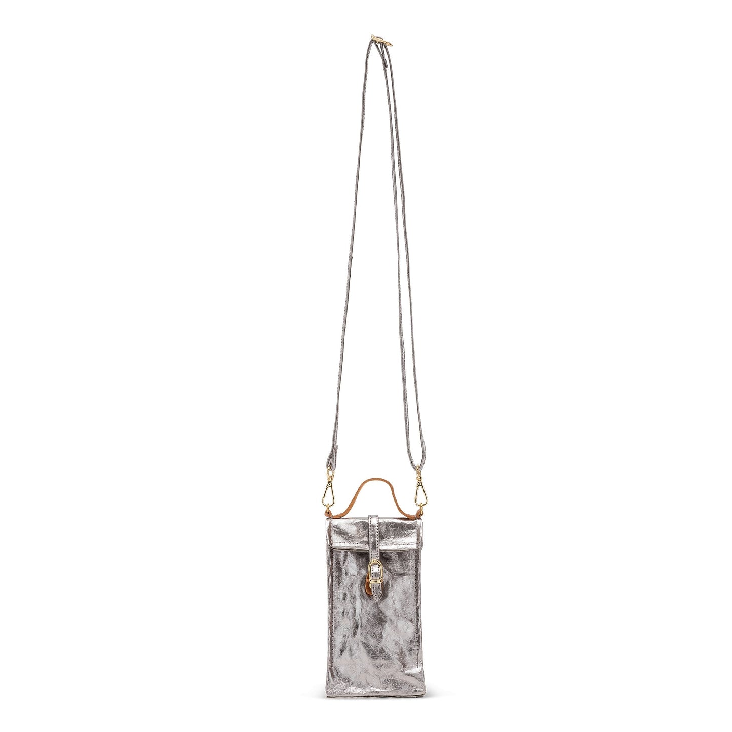 A washable paper phone pouch is shown from the front in metallic silver with a long strap and a brown top handle.