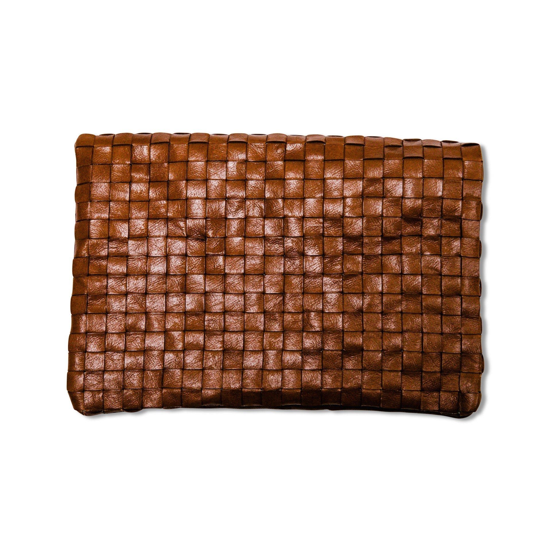 A woven washable paper clutchbag is shown from the front in brown.