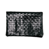 A woven washable paper clutchbag is shown from the front in black.