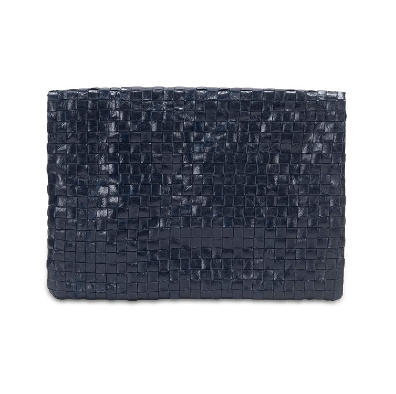 A woven washable paper clutchbag is shown from the front in navy.