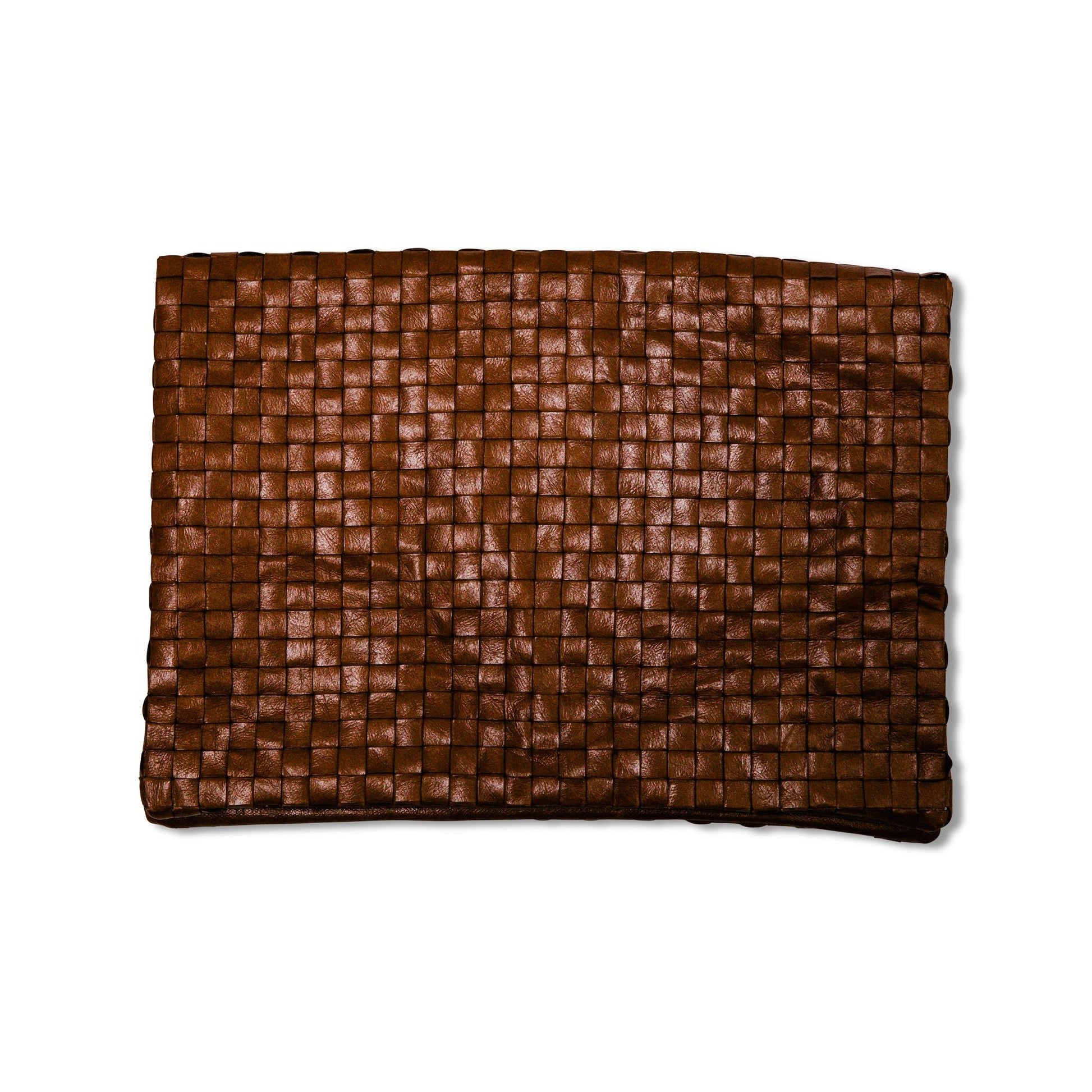 A woven washable paper clutchbag is shown from the front in chocolate brown.